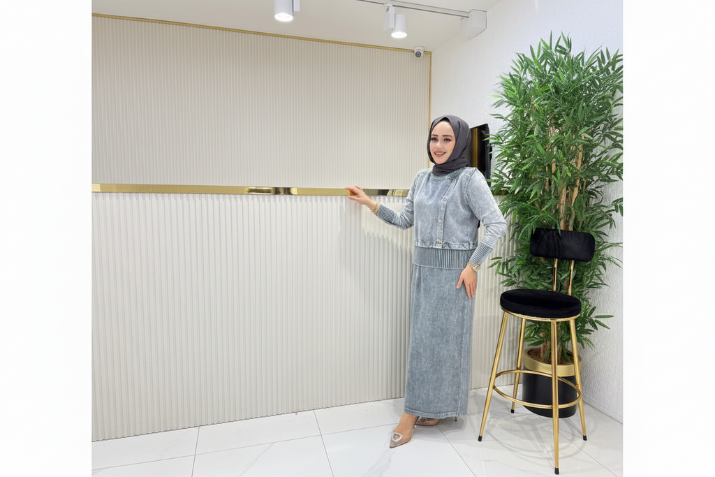SAADA Etekli Takım – Açık Mavi Denim & Triko İkili Set