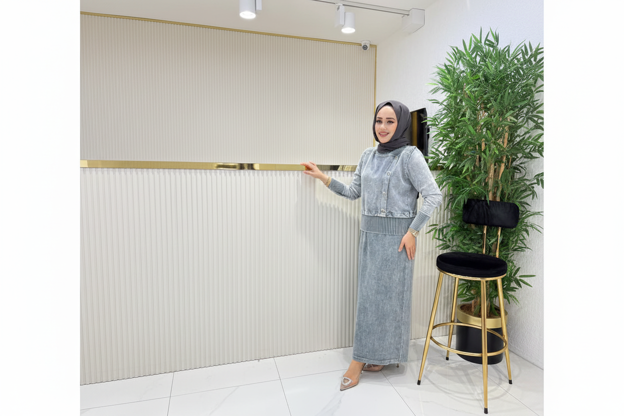 SAADA Etekli Takım – Açık Mavi Denim & Triko İkili Set