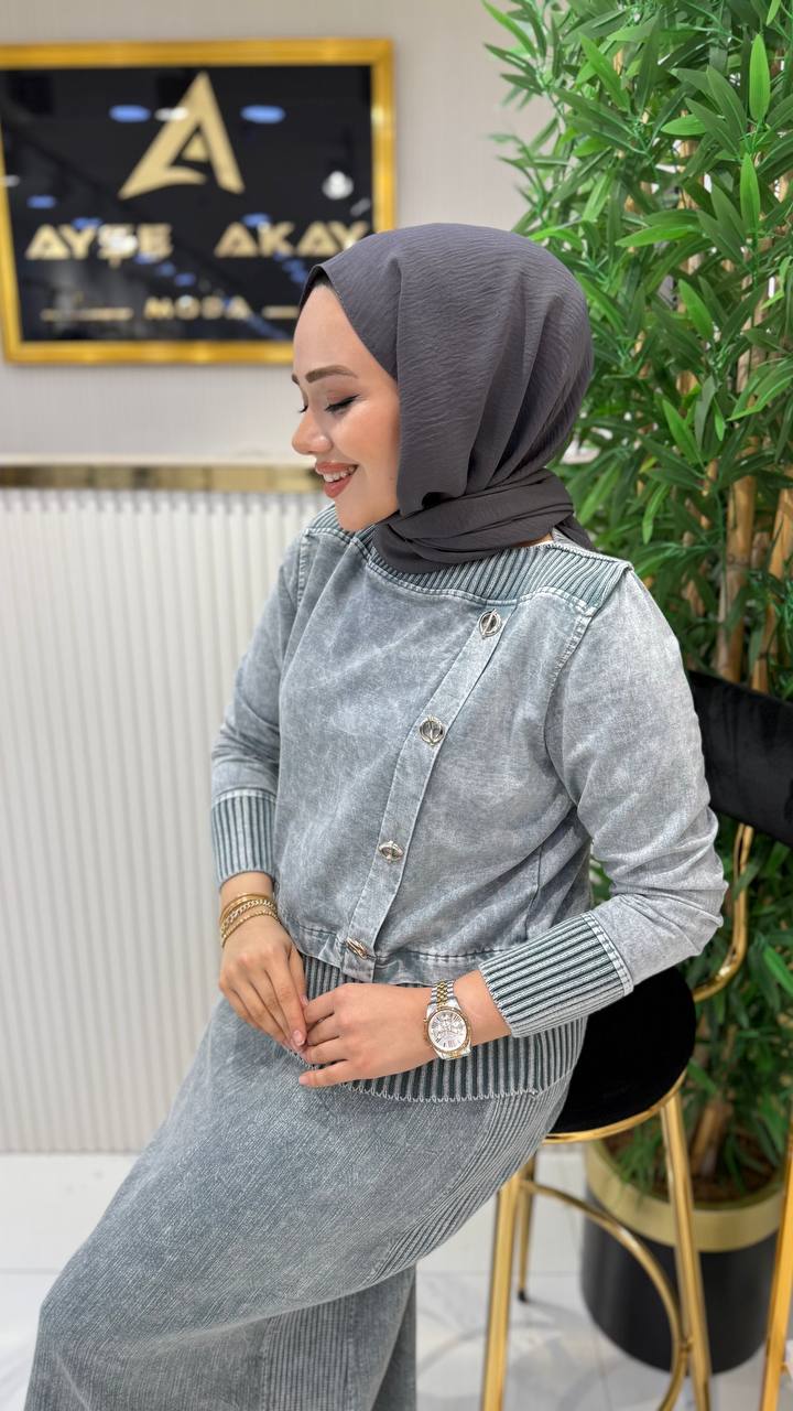 SAADA Etekli Takım – Açık Mavi Denim & Triko İkili Set
