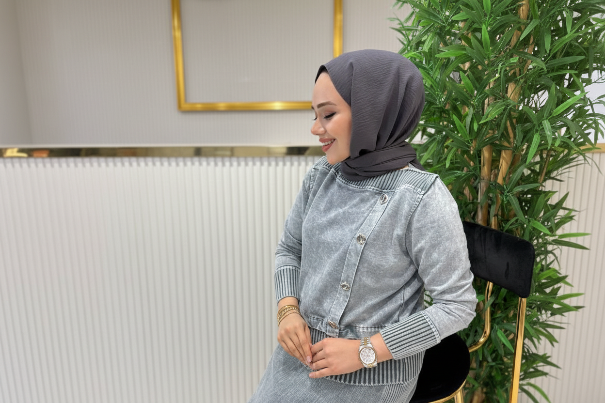 SAADA Etekli Takım – Açık Mavi Denim & Triko İkili Set
